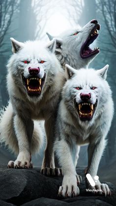 two white wolfs standing on top of a rock with their mouths open and fangs out