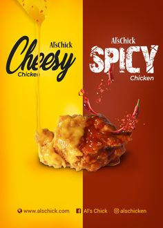 an advertisement for chicken with sauce on it and the words chick cheesy written in black