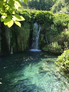 there is a small waterfall in the middle of this river with clear blue water and greenery surrounding it