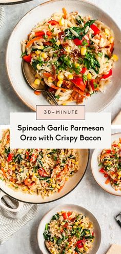 spinach garlic parmesan orzo with crispy bacon is an easy side dish