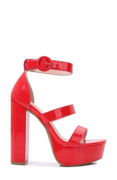 A towering block heel and bold platform add dramatic style to this chunky heel with thick, wide straps. Synthetic upper, lining and sole Imported Bold Heels With Stacked Block Heel, Bold Platform Heels With Block Heel, Red Chunky Platform Heels For Party, Red Chunky Platform Heels For Spring, Red Stacked Heel Block Heels For Party, Red Block Heels With Stacked Heel For Party, Modern Red Platform Heels, Modern Red Heels With Stacked Heel, Glamorous Red Platform Heels