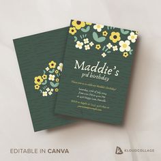 two green birthday cards with yellow and white flowers