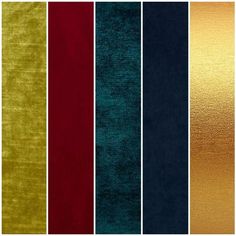 different colors of velvet fabric with metallic foil on the bottom and bottom, including red, green