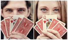 a man and woman holding playing cards in their hands, both with the letter k on them