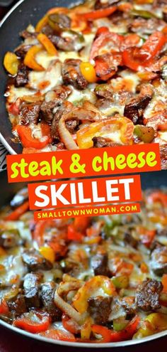 steak and cheese skillet is shown in two different pans with the same topping