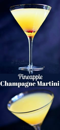 the pineapple champagne martini is garnished with cherries