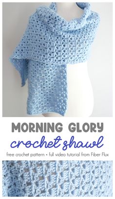 a blue crochet shawl with text reading morning glory crochet shawl