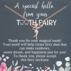 PRICES MAY VARY. ★Tooth Fairy Gift - “A special hello from your TOOTH FAIRY/Thank you for your magical tooth! Your tooth will help create fairy dust that can make rainbows, sweet dream, and happiness just for you! To thank you, please accept this fairy necklace.”. This wish necklace is a great gift for teens girls. ★Material: High Quality Copper which are lead free, Nickel free and hypoallergenic. ★Measurement: necklace length：450mm(17.72") + 50mm(1.97")， pendant：15mm(0.59")*23mm(0.9"). TIPS:man Tooth Fairy Gifts, Necklace For Girls, Gifts For Dentist, Fairy Necklace, Dental Assistant, Fairy Wings, Fairy Dust, Take A Shower, Tooth Fairy