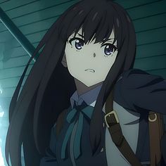 an anime character with long black hair and blue eyes is staring at the camera while standing in front of a building