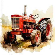 an old red tractor is parked on the grass in front of a white background with watercolors