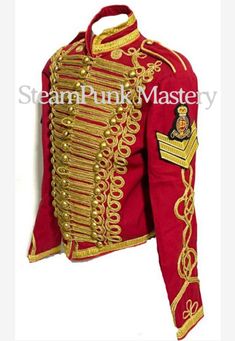 Men’s Ceremonial General Red  Jacket With Front gold Braiding with Chevrons and Royal hand Embroidery Badge This is a heavy cotton Military style jacket, it is fitted well tailored made jacket with brass buttons and lots of details on sleeves and collars and jacket is fully lined with black satin.Please note Chevrons and hand embroidery Badge will be suppled  but need to be secured ,both needs to hand stitching upon receiving.Please refer to photos.Jacket is available 3 sizes to fit in 42”, 44”a Ceremonial Embroidered Fitted Outerwear, Traditional Red Costume Outerwear, Ceremonial Red Winter Outerwear, Red Ceremonial Winter Outerwear, Fitted Ceremonial Outerwear For Festivals, Fitted Red Ceremonial Outerwear, Fitted Red Outerwear For Ceremonial Occasions, Steampunk Man, Black Pinstripe Suit