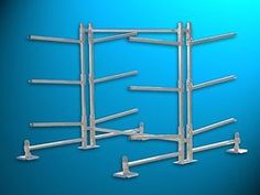 three metal racks are shown against a blue background and one is holding several hooks for the rack