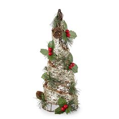 a christmas tree made out of branches and pine cones with red berries on the top