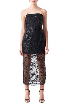 A lustrous landscape of sequined vines elevates this square-neck midi punctuated with a semisheer skirt. Hidden side-zip closure Square neck Adjustable straps Partially lined 100% polyester Hand wash, dry flat Imported Evening Midi Dress With Sequins, Sheer Midi Evening Dress For Party, Sheer Midi Length Evening Dress For Party, Spring Evening Midi Dress With Contrast Sequin, Evening Midi Sequin Dress With Contrast Sequins, Evening Cocktail Sequin Midi Dress, Evening Sequin Midi Dress, Evening Midi Dress With Contrast Sequin, Sheer Midi Dress For Evening And Party Season