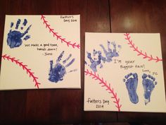 two handprints are displayed on canvases with baseball stitches and the words fathers day written on them