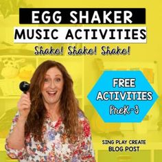 an advertisement for egg shaker music activities with a woman holding up a black object