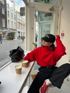 Cos jumper, Arket belt, Uniqo trousers, TALA hat, Adidas gazelles London coffee shop, Red outfit, London girl, Winter outfit inspo, Scandi inspired Red Sneakers Outfit, Red Shoes Outfit, Red Sweater Outfit, London Outfit, Looks Street Style, Red Sweater, Outfits With Hats, Red Outfit, 가을 패션