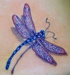 three different pictures of dragonflys on the back of a woman's shoulder