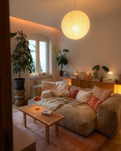 a living room filled with lots of furniture and plants on top of the couches