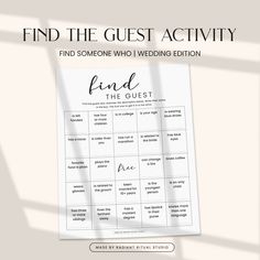 the find the guest activity game is shown on top of a white sheet with black lettering