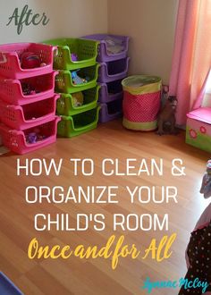 a child's room with bins and toys on the floor