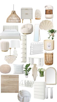 a collage of white furniture and accessories including lamps, mirrors, pillows, vases