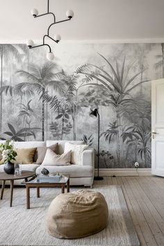 Black and white jungle print wallpaper from HappyWall Tree Wallpaper Mural, Jungle Wallpaper, Tropical Tree, Tropical Wallpaper, Black Tree, Tropical Foliage, Tree Wallpaper, Tropical Landscaping, Landscape Wallpaper