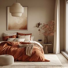 a bed with an orange comforter and pillows in a room next to a window