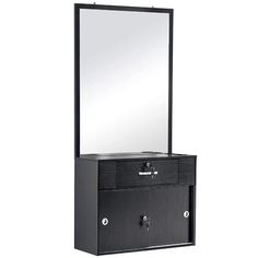 a black vanity with mirror and drawers on it's sides, against a white background