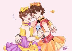 two people dressed up like princesses hugging each other with hearts floating around them on pink background