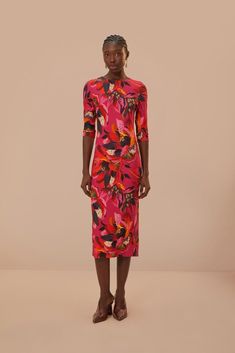 Colorful Flowers Jersey Midi Dress – FARM Rio Pink Abstract Print Vibrant Dress, Vibrant Pink Dress With Bold Print, Yellow And Black, Farm Rio, Shades Of Orange, Floral Motifs, Orange Yellow, Floral Motif, Colorful Flowers