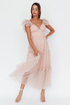 Amal Ruffle Shoulder Tulle Midi Dress Nude Midi Dress Tulle, Nude Midi Dress, Selfie Leslie, Tulle Midi Dress, Blush Dress, Prom 2024, Satin Clutch, Yellow Bridesmaids, Red Bridesmaids