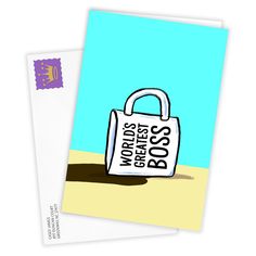 two postcards with the words boss and bag on them