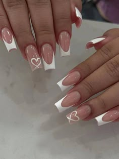 24pcs/Set Medium Coffin Press On Nails Tips White French & Heart Pattern Acrylic Fake Nail,Fit Perfectly & Medium Length Design,Contain 1pc Jelly Glue And 1pc Nail File, Suitable For Woman & Girl Daily Wear Rave Party Use Nail Supplies | SHEIN USA Paznokcie Hello Kitty, Bow Nail Designs, White French Nails, Fake Nails White, Wave Nails, Bow Nail, Girly Acrylic, Smink Inspiration, Coffin Press On Nails