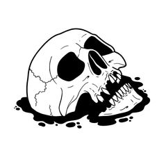 a black and white drawing of a skull with its mouth open, in the water