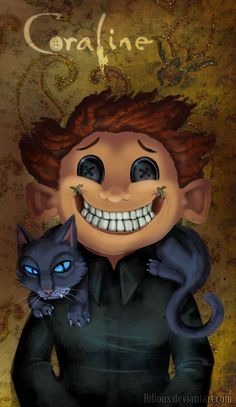 a painting of a smiling man holding a black cat with blue eyes and red hair