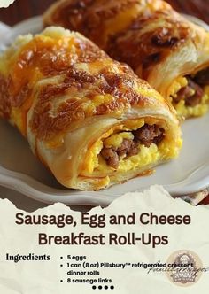 an advertisement for sausage, egg and cheese breakfast roll - ups on a white plate