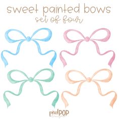 three pastel bows with the words sweet painted bows set of four on top of them