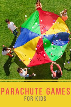 people standing around a colorful kite with confetti on it and the words parachute games for kids