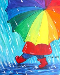 an acrylic painting of a person walking in the rain with an umbrella over their head