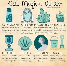 Sea Witch Spells Witchcraft, Sea Witchcraft For Beginners, Sea Witch Grimoire, Ocean Witch Aesthetic Bedroom, Amphitrite Altar, Sea Witch Altar Ideas, Beach Witch Aesthetic, Sea Witch Decor, Ocean Witchcraft