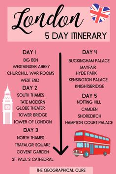 the london 5 day itinerary is shown in pink with black and white lettering