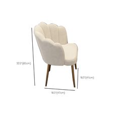 a white chair with wooden legs and measurements