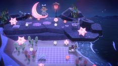 an animated scene with stars and moon in the night sky, along with other objects