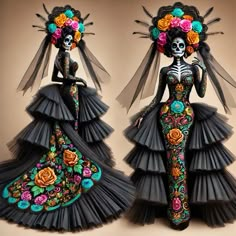 two women in black dresses with flowers on their head and one wearing a skeleton costume