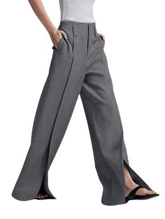 Elevate your formal wardrobe with these chic high waist wide leg floor-length split pleated grey pants for women. Perfect for all seasons, these pants feature a high waist design that flatters your figure and adds a touch of sophistication to any outfit. The slight stretch in the fabric ensures a comfortable fit, while the blended polyester and spandex material offers durability and easy care. With a solid pattern and pleated front style, these pants exude elegance and style. Complete with pockets and a zipper fly closure, these wide leg pants are a must-have for any fashion-forward woman. Specifications Style: Formal Season: All Season Waist Type: HIGH Decoration: Pockets Elasticity: Slight Stretch Fabric Type: Blended Pattern Type: Solid Pant Style: Wide Leg Pants Material: Polyester Mat Chic Gray Wide Leg Full Length Pants, Elegant Gray Ankle-length Wide Leg Pants, Chic Gray Ankle-length Wide Leg Pants, Elegant Gray Wide Leg Pants For Spring, Elegant Gray Wide-leg Dress Pants, Elegant High Waist Gray Bottoms, Elegant High-waisted Gray Bottoms, Chic Gray Wide Leg Pants, Elegant Gray Wide Leg Bottoms