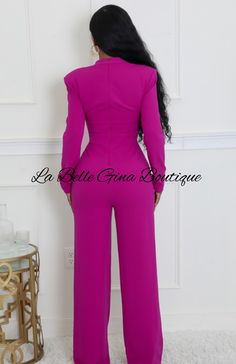 Introducing the Lisa Stretch Round Neck Long Sleeves Jumpsuit in Magenta. This stylish jumpsuit combines comfort with elegance, featuring a flattering round neckline and long sleeves that effortlessly transition from day to night. Made from a stretchy fabric, it hugs your curves while allowing for easy movement. Perfect for any occasion, pair it with heels for a chic look or dress it down with sneakers for a casual vibe. Elevate your wardrobe with this versatile piece. Chic Pink Long Sleeve Pantsuit, Chic Long Sleeve Pink Pantsuit, Chic Long Sleeve Pantsuit In A Solid Color, Chic Solid Color Long Sleeve Pantsuit, Solid Long Sleeve Pantsuit For Party, Stretch Long Sleeve Pantsuit For Party, Formal Jumpsuits And Rompers For Fall, Spring Evening Long Sleeve Jumpsuits And Rompers, Spring Solid Color Long Sleeve Pantsuit