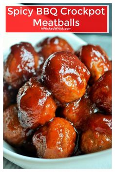 spicy bbq crockpot meatballs in a white bowl with text overlay