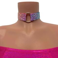 Holographic choker in rainbow avatar with metal ring center. The choker necklace is 12" but has a longer chain in back to allow for adjustable length. The width of the holo choker is 1". Holographic Choker, Electric Daisy, Choker Necklaces, Metal Ring, Rave Outfits, Long Chain, Metal Rings, Necklace Etsy, Choker