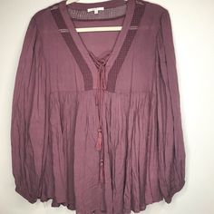 Boho/70s Style Blouse Pretty Fall Color Never Worn Bohemian Purple Long Sleeve Top, Bohemian Long Sleeve Purple Tops, Purple Long Sleeve Bohemian Top, Purple Fall Tops For Vacation, Purple Tops For Fall Vacation, Spring Festival V-neck Peasant Top, Hippie Pink V-neck Tops, Casual Purple Tops For Fall Vacation, Hippie V-neck Blouse For Fall